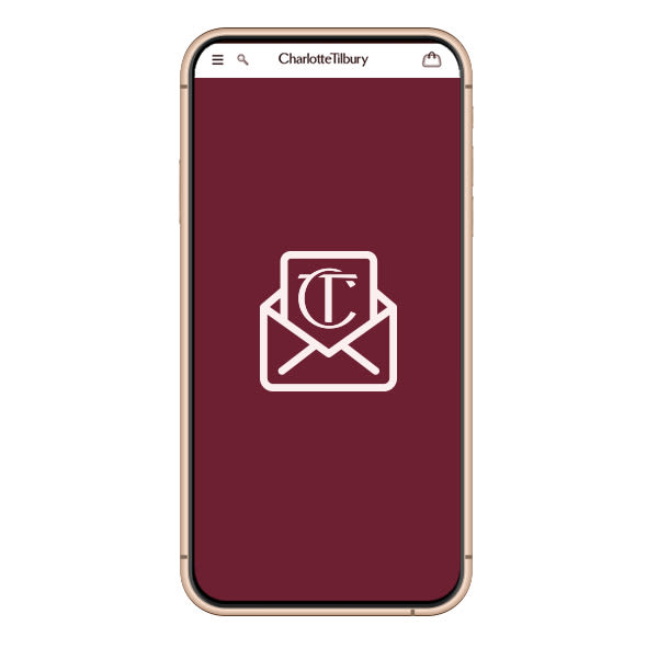 Banner with a phone displaying a dark crimson-coloured wallpaper with an email icon showing an email from team Charlotte Tilbury. 