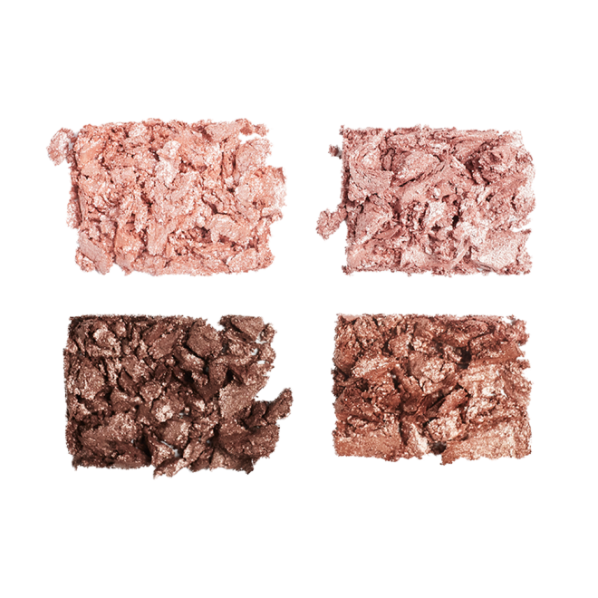 Swatches of four shimmery and matte eyeshadows in pink champagne, metallic blush pink, mink brown and antiqued brown colours.