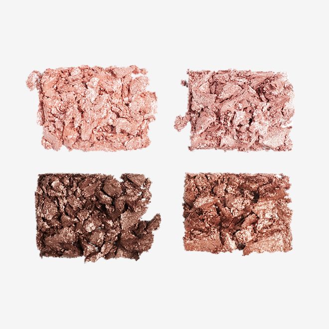 Hollywood Flawless Eye Filters in Star Aura swatches Swatches of four shimmery and matte eyeshadows in pink champagne, metallic blush pink, mink brown and antiqued brown colours.