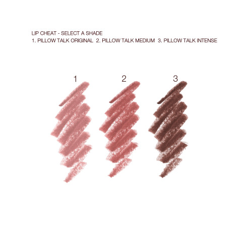 Swatches of three lip liner pencils in shades of nude pink, medium pink, and tawny brown.