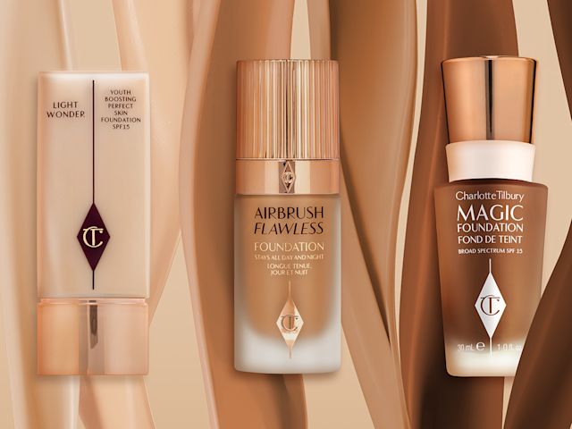 Three different foundations, two in frosted glass bottles and one in a rectangular, plastic bottle, all with rose gold coloured lids and the iconic CT logo on the bottles. 