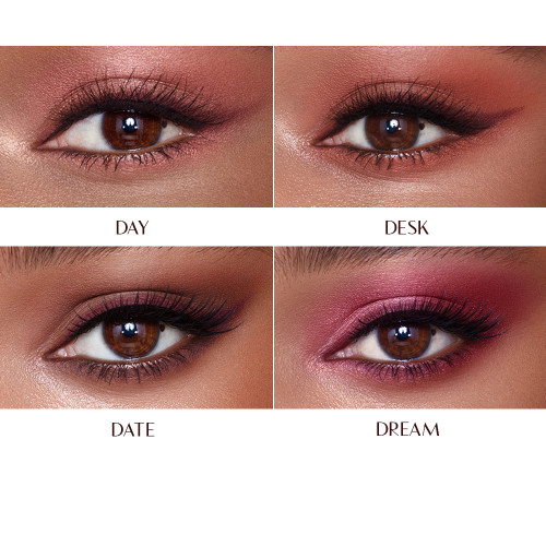 Close-up of four different eye looks in shades of pink and peach, applied on a deep skin model with brown eyes. 