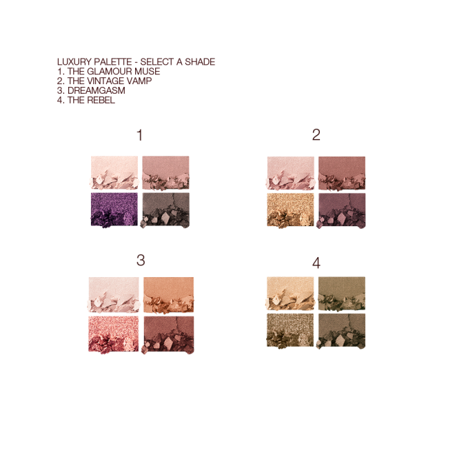 Swatches of four, quad eyeshadow palettes in shades of pink, purple, grey, fawn, brown, gold, green, orange, and beige.