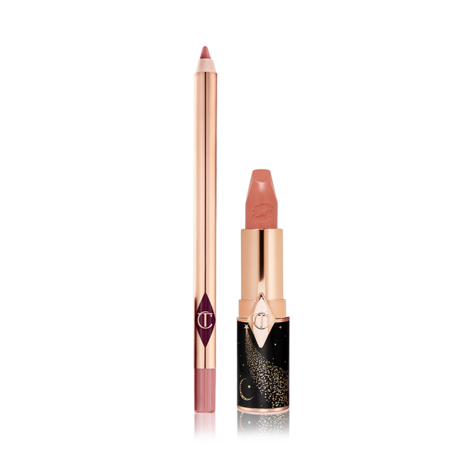 Lip liner pencil in a nude pink shade with an open lipstick in a nude brownish pink colour with a black and gold-coloured tube.