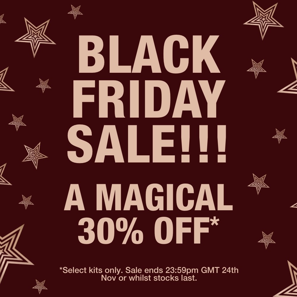 Maroon-coloured banner with text in gold that reads, 'Black Friday sale!! A magical 30% off'