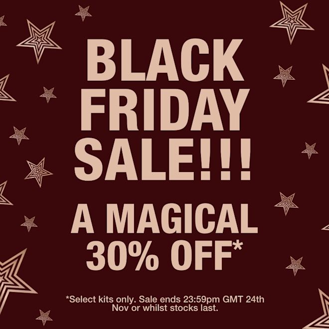 Black Friday banner Maroon-coloured banner with text in gold that reads, 'Black Friday sale!! A magical 30% off'