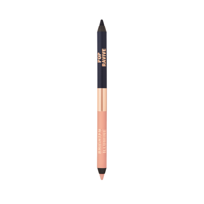 A double-sided eyeliner pencil in jet black and nude beige.