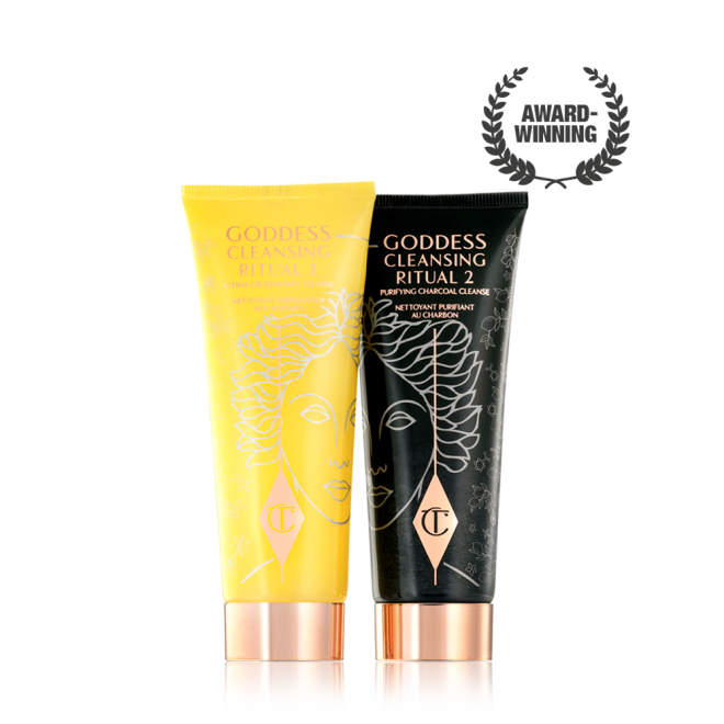 Two facial cleansers, one in lemon-yellow packaging and the other in charcoal-black, with rose-gold coloured lids. 