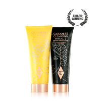 Two facial cleansers, one in lemon-yellow packaging and the other in charcoal-black, with rose-gold coloured lids. 