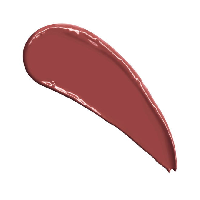 Swatch of reddish, rose-pink lipstick with a satin finish. 