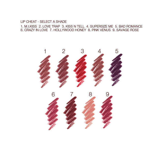 Swatches of nine lip liner pencils in shades of brown, red, pink, purple, and peach. 