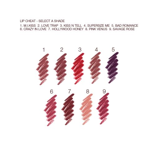 Swatches of nine lip liner pencils in shades of brown, red, pink, purple, and peach. 