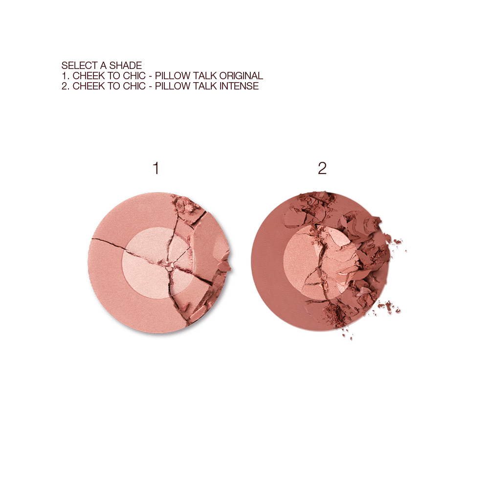 Swatches of two, two-tone powder blushes in light pink and champagne and rose gold and terracotta. 