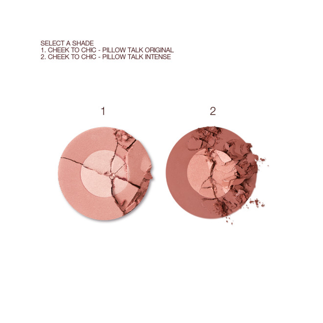 Swatches of two, two-tone powder blushes in light pink and champagne and rose gold and terracotta. 