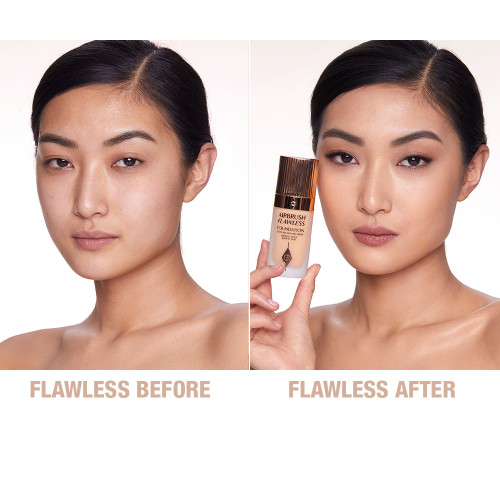 Close-up before and after of a light-tone brunette model wearing no makeup in the before shot and wearing a smoothing, mattifying, and medium-coverage foundation in the after shot.