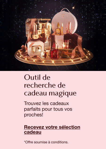 Magic Gift Finder featuring luxury beauty products on a lit circular platform with a magical, festive background and text inviting users to find perfect gifts.