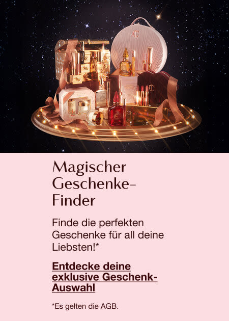 Magic Gift Finder featuring luxury beauty products on a lit circular platform with a magical, festive background and text inviting users to find perfect gifts.