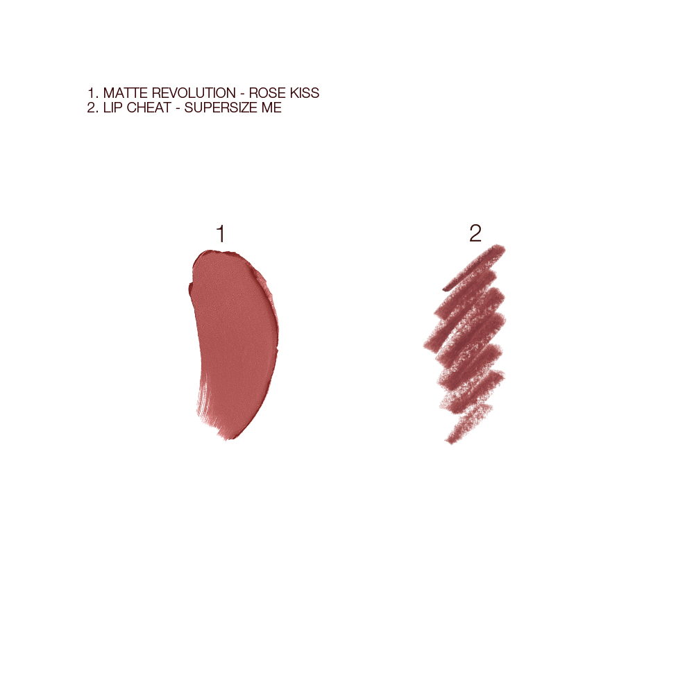 Swatches of matte lipstick and lip liner pencil in a medium-dark coral shade.