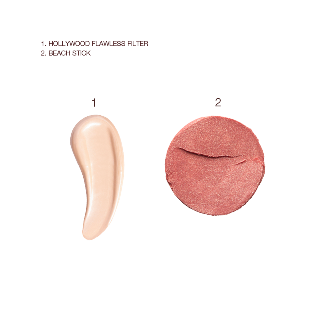 Swatches of an illuminating primer in a light peach colour and a creamy blush in a terracotta colour. 