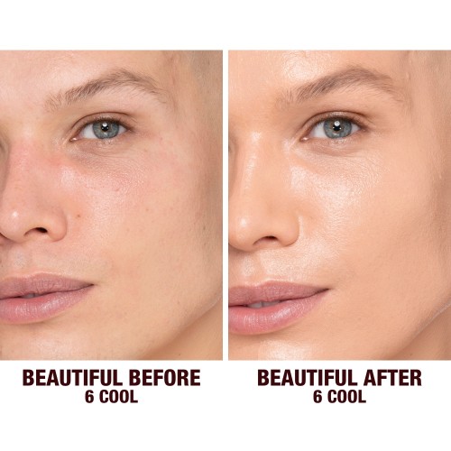Before and after shots of a medium-tone model without any makeup and then wearing glowy, flawless skin, wearing skin-like foundation that adds a youthful glow and looks natural along with nude pink lipstick and subtle everyday eye makeup.