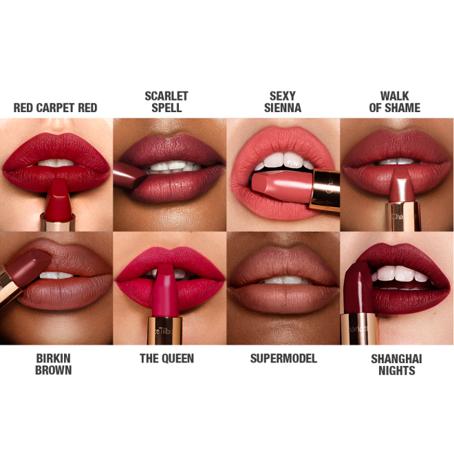 Lips close-up of eight models wearing and applying matte lipstick in shades of red, peach, coral, pink, brown, and maroon.