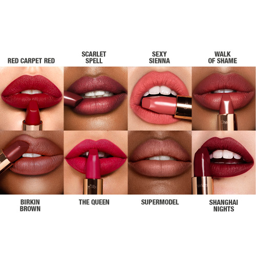 Lips close-up of eight models wearing and applying matte lipstick in shades of red, peach, coral, pink, brown, and maroon.