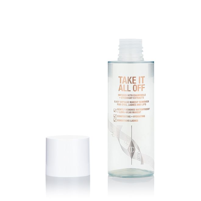 Take it all off 150ml paquet - ouvert An open, clear bottle with text on it that reads, 'Take it all off' with a white-coloured lid next to it.
