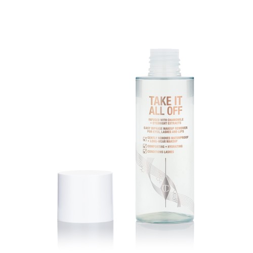 An open, clear bottle with text on it that reads, 'Take it all off' with a white-coloured lid next to it.