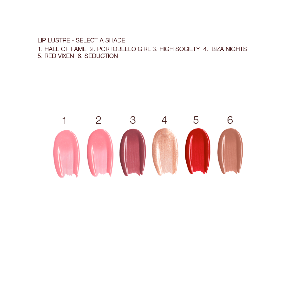 Swatches of six high-shine creamy lip glosses in nude pink, bright pink, aubergine, pinkish gold, bold red, and brownish pink. 