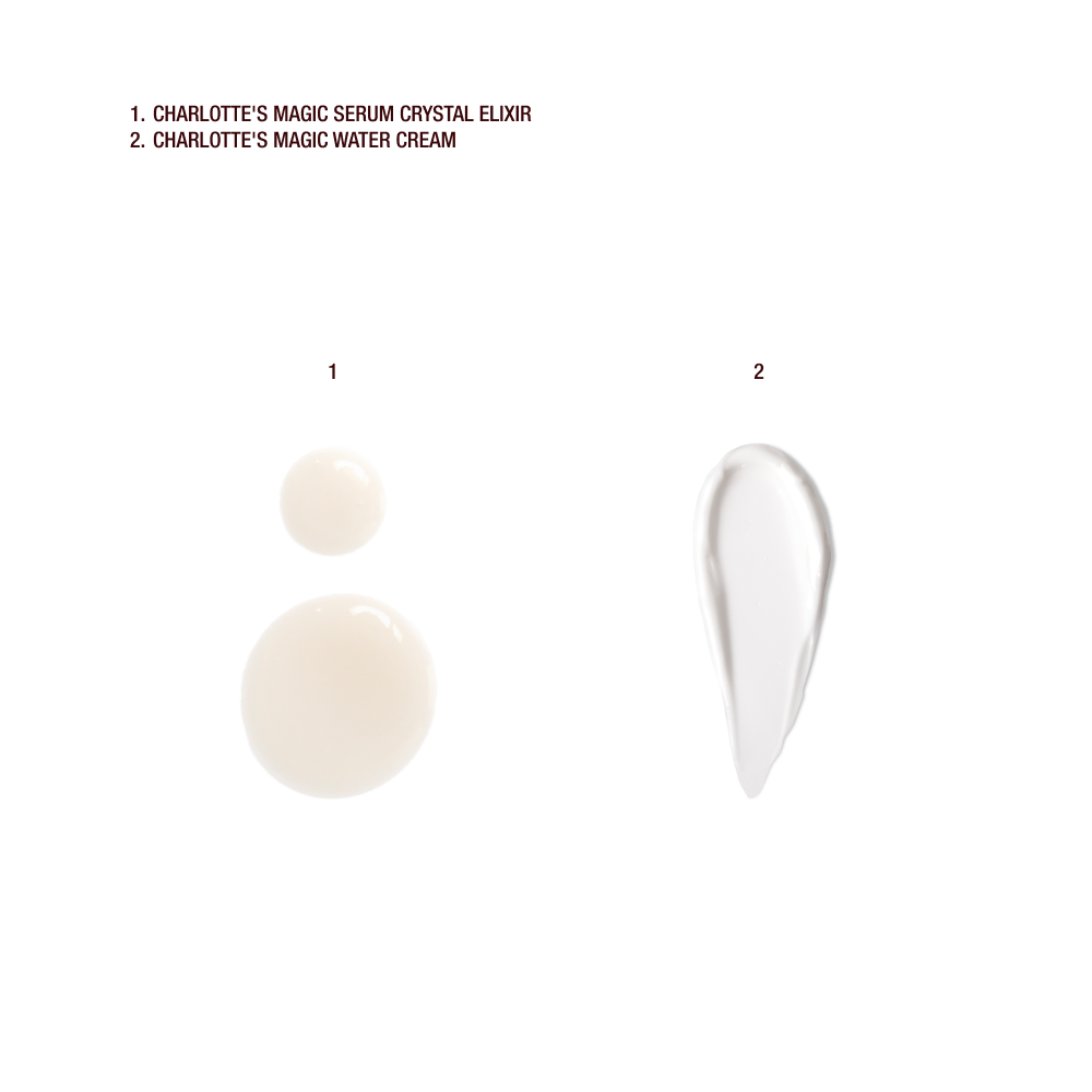 Texture swatches of Starfell Treasure Box: Deluxe sample of serum crystal elixir, TS setting spray + TS magic water cream