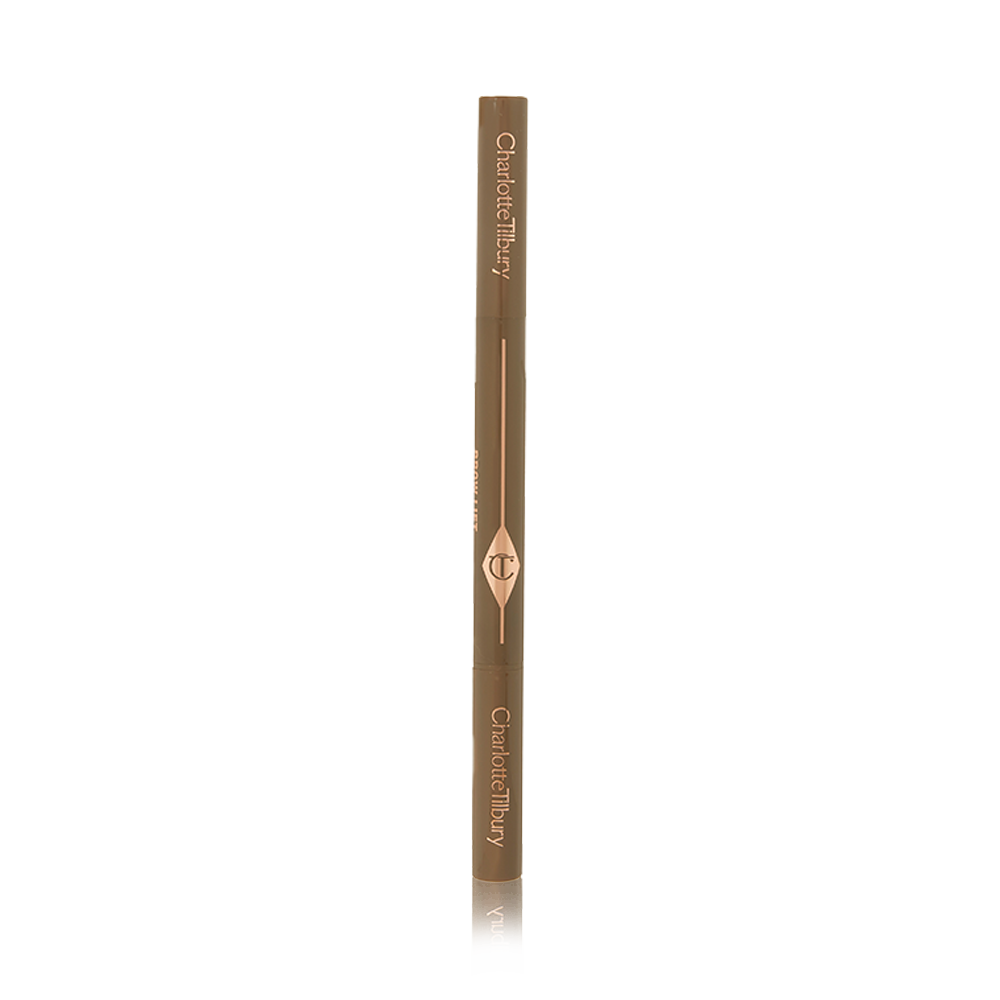 A closed, double-ended eyebrow pencil and spoolie brush duo in soft-brown-coloured packaging 