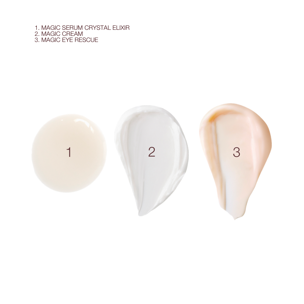 Swatches of luminous, ivory-coloured serum, pearly-white face cream, and fawn-coloured eye cream. 