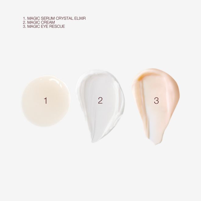 Glowing Night in Box swatches Swatches of luminous, ivory-coloured serum, pearly-white face cream, and fawn-coloured eye cream.