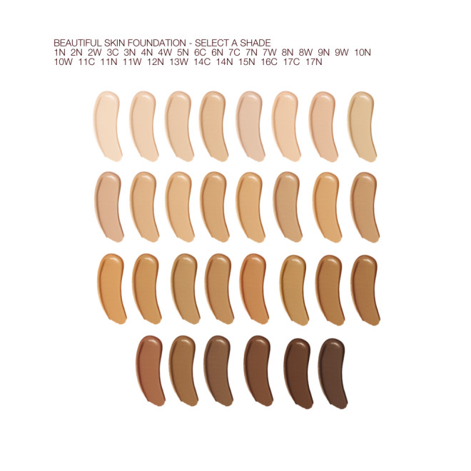 Fair, tan, and deep-tone arms with swatches of liquid foundations ranging from ivory, peach, and beige to sand, light brown, medium brown, and dark brown for fair, light, medium-light, medium, medium-dark, and deep tones.
