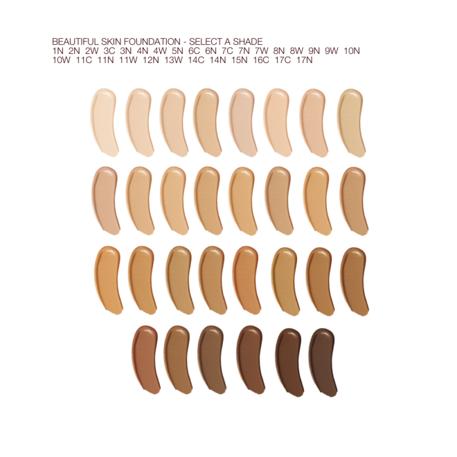 Fair, tan, and deep-tone arms with swatches of liquid foundations ranging from ivory, peach, and beige to sand, light brown, medium brown, and dark brown for fair, light, medium-light, medium, medium-dark, and deep tones.