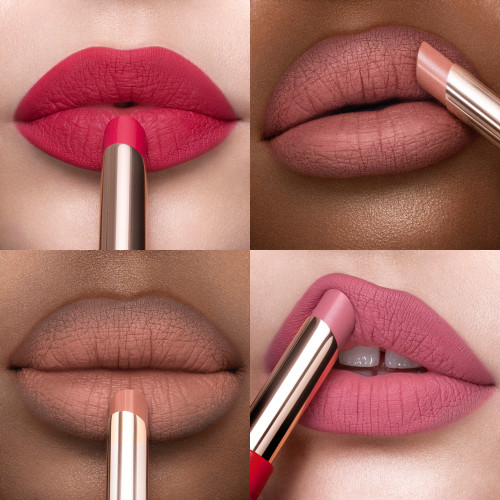 Four lips close-ups of models applying extremely pigmented matte lipstick in raspberry red colour, nude peach, nude pink, and pinkish mauve,