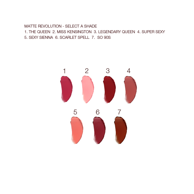 Swatches of seven lipsticks with a matte finish in shades of red, pink, peach, and brown.