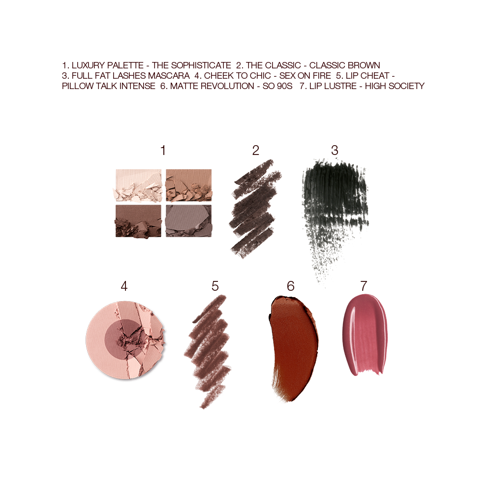 Swatches of a quad eyeshadow palette in shades of brown and gold, brown eyeliner, black mascara, two-tone blush in medium brown and dusty pink, lip liner in taupe-brown, lipstick in maroon, and lip gloss in berry-pink. 