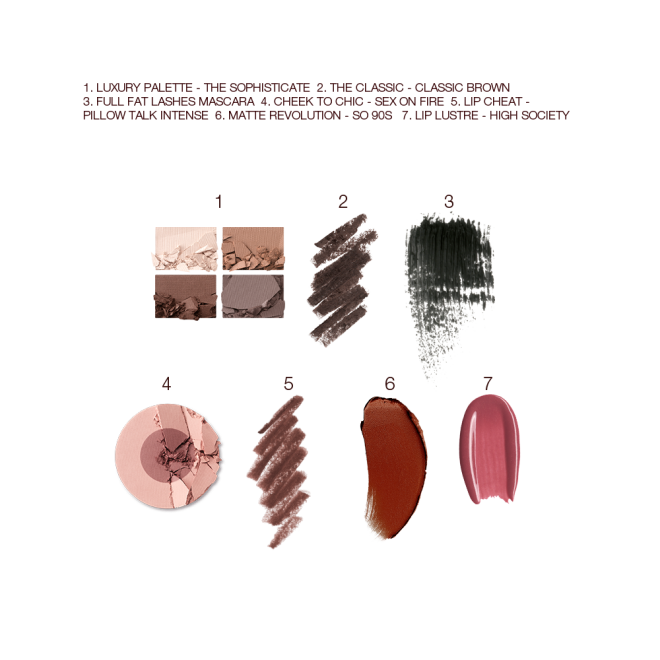 Swatches of a quad eyeshadow palette in shades of brown and gold, brown eyeliner, black mascara, two-tone blush in medium brown and dusty pink, lip liner in taupe-brown, lipstick in maroon, and lip gloss in berry-pink. 