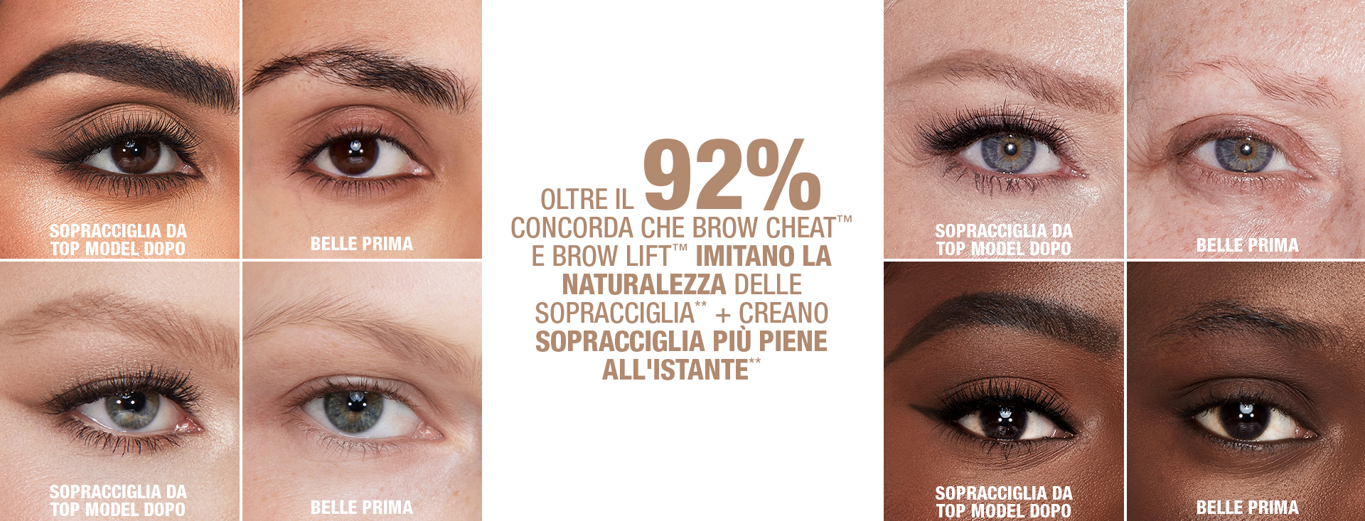 GIF with eye close-ups of before and after of models without any makeup and then with lined, filled, and shaped eyebrows in light blonde, taupe, soft brown, natural brown, medium brown, dark brown, black-brown, and natural black. Along with text that reads, 'Over 92% agree Brow Cheat and Brow Lift mimic natural brow hairs + create instantly fuller brows'