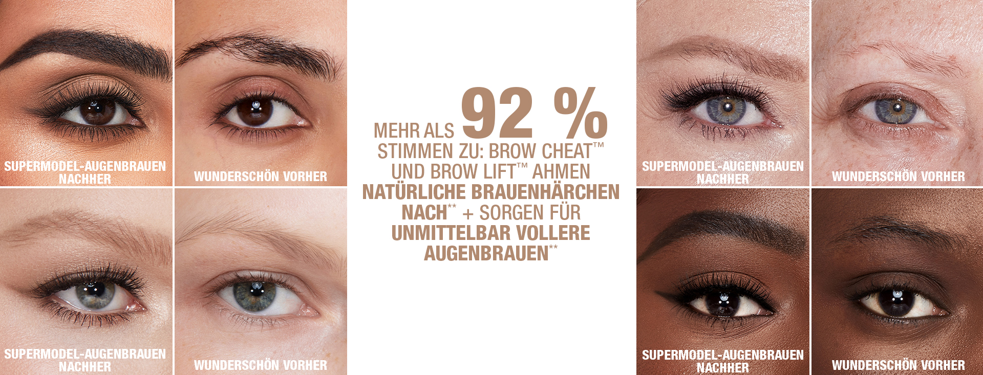 GIF with eye close-ups of before and after of models without any makeup and then with lined, filled, and shaped eyebrows in light blonde, taupe, soft brown, natural brown, medium brown, dark brown, black-brown, and natural black. Along with text that reads, 'Over 92% agree Brow Cheat and Brow Lift mimic natural brow hairs + create instantly fuller brows'