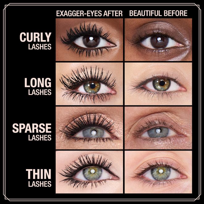 Exagger-eyes mascara before and after on different lash types Exagger-eyes mascara before and after on different lash types