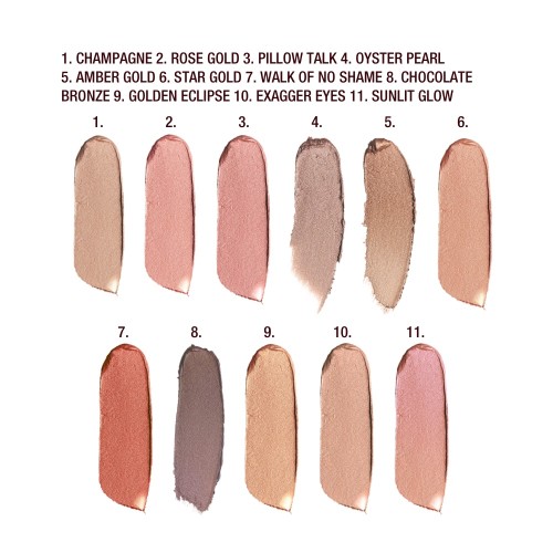 Swatches of eleven cream eyeshadows in champagne-bronze, oyster-gold, bronze-gold, grey-brown, rose gold, russet rose, sunrise copper, brown-bronze, beige-champagne, light gold, and amber gold. 