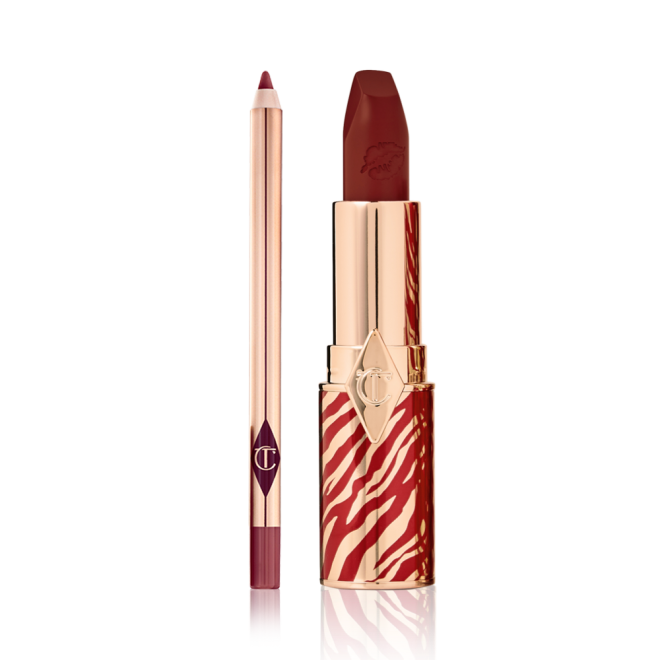 An open lip liner pencil in a maroon shade with an open lipstick in a muted berry-rose shade, in a gold-coloured tube with red tiger stripes all over the bottom half of the tube in celebration of the Lunar New Year.