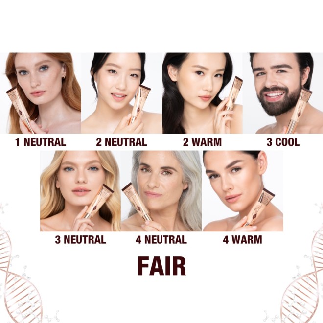 Banner with a collage of seven different models with a fair skin tone and neutral, warm, and cool undertones, wearing glowy, luminous foundation in a range of very fair to light skin tones to help customers identify their closest foundation shade match.