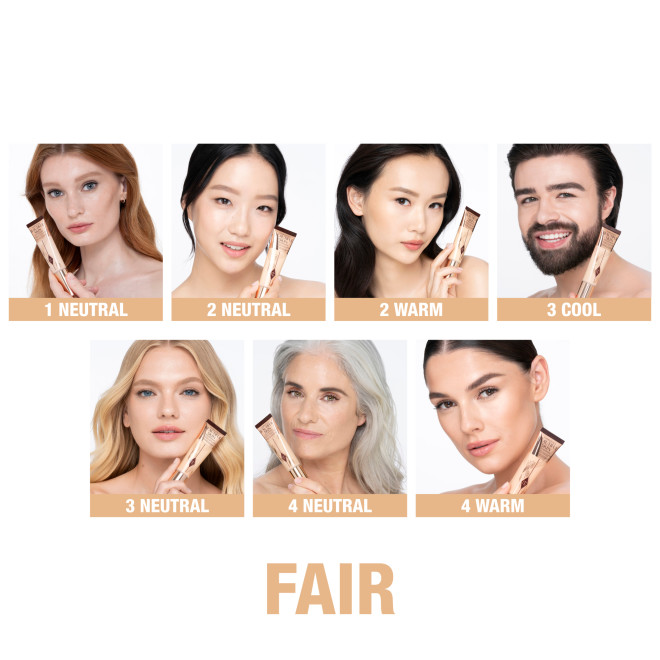 Banner with a collage of seven different models with a fair skin tone and neutral, warm, and cool undertones, wearing glowy, luminous foundation in a range of very fair to light skin tones to help customers identify their closest foundation shade match.
