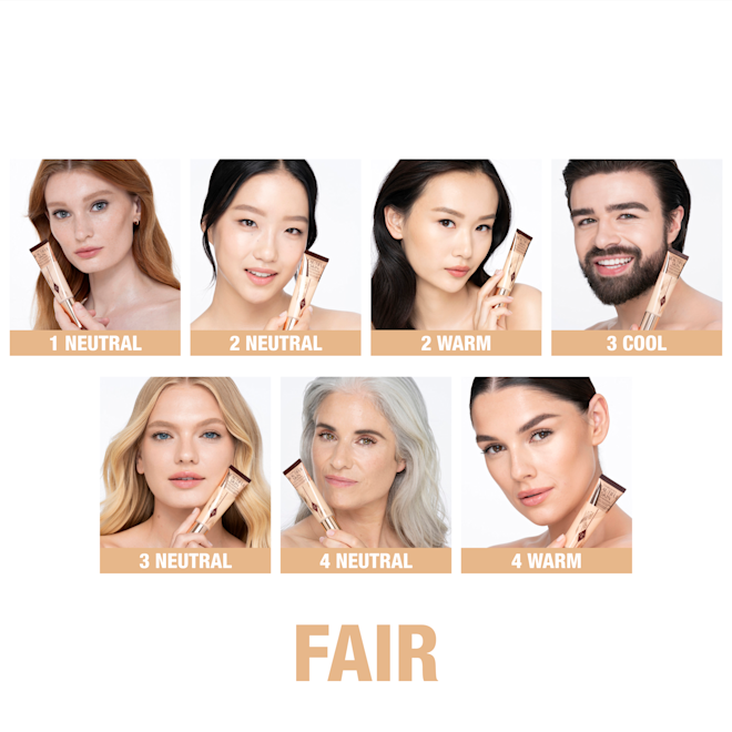 Beautiful Skin Foundation shade selection - Fair Banner with a collage of seven different models with a fair skin tone and neutral, warm, and cool undertones, wearing glowy, luminous foundation in a range of very fair to light skin tones to help customers identify their closest foundation shade match.