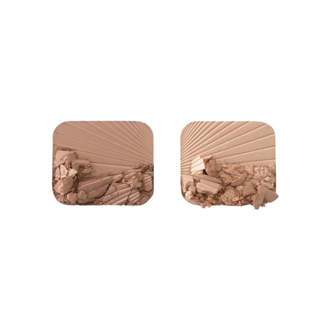 Swatches of a glowy, duo powder contour palette for light to medium skin tones.