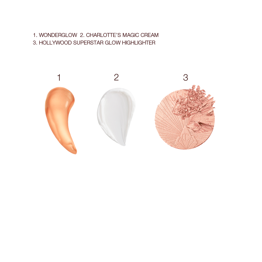 Swatches of a glowy rose-gold-coloured primer, pearly-white face cream, and rose-gold powder highlighter.