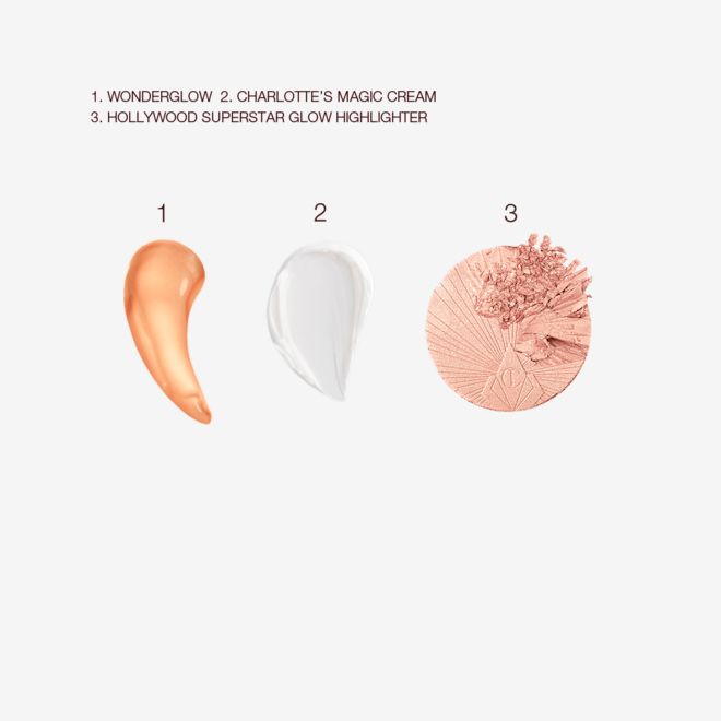 Superstar Glow Secrets swatches Swatches of a glowy rose-gold-coloured primer, pearly-white face cream, and rose-gold powder highlighter.